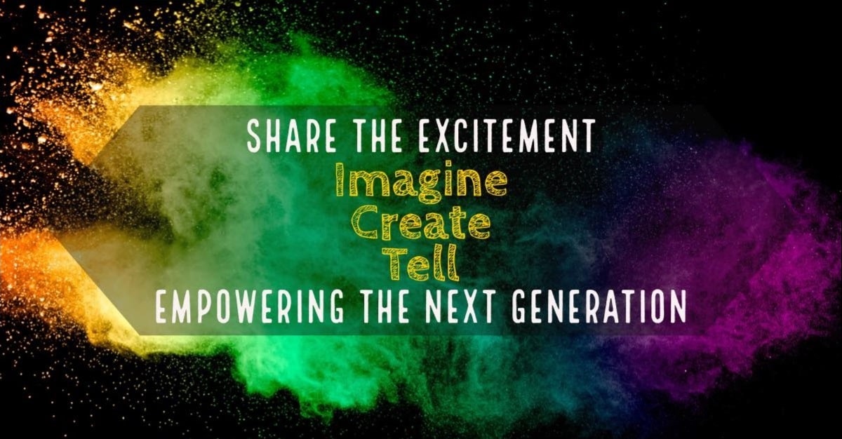 rainbow powder explosion with text share the excitement imagine create tell empowering the next generation